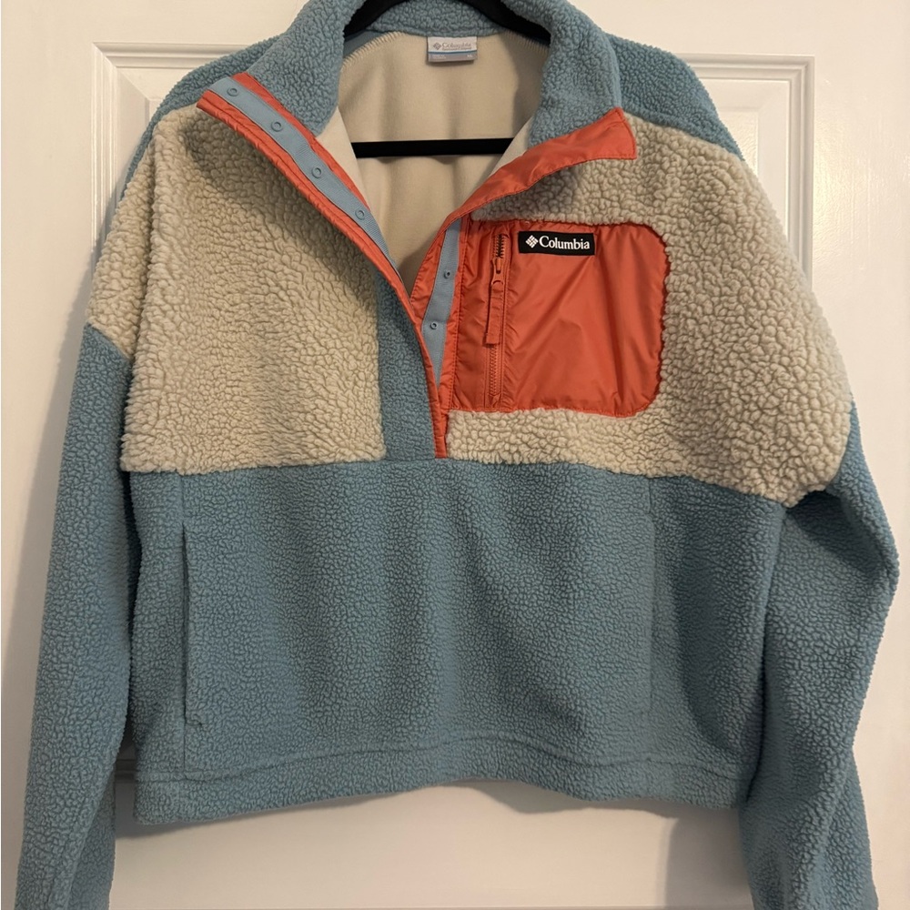 Columbia Fleece Pullover in Blue, Cream, and Orange